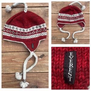 Hand Knit Everest Designs Wool Ear Flap Beanie O/S Red Fair Isle Nepal Ski Hat